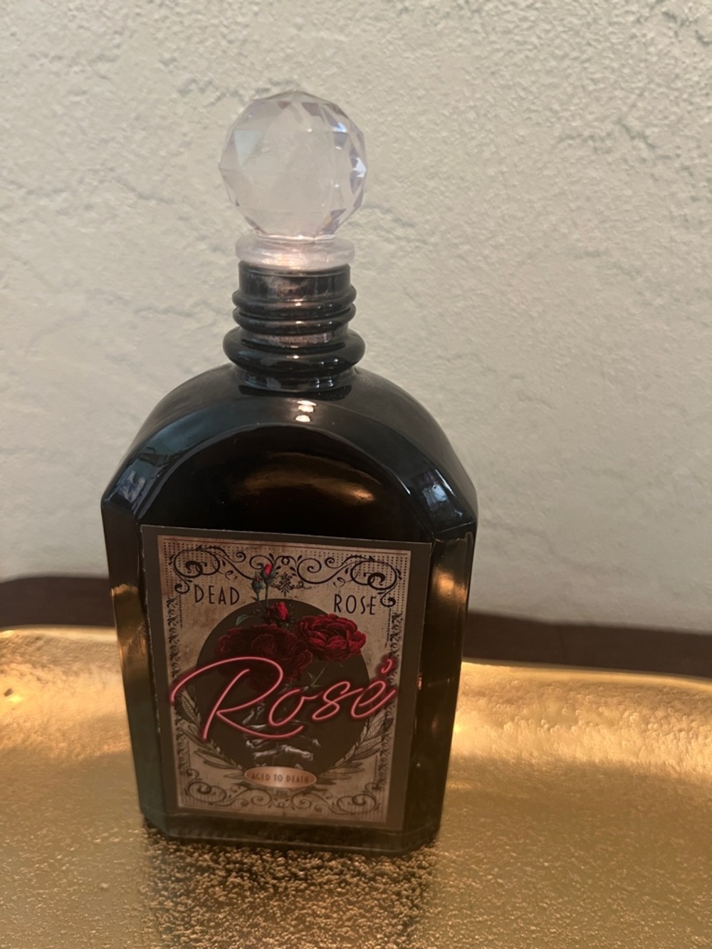 #1895* Rosé Decorative Black Glass Bottle with Crystal Stopper -